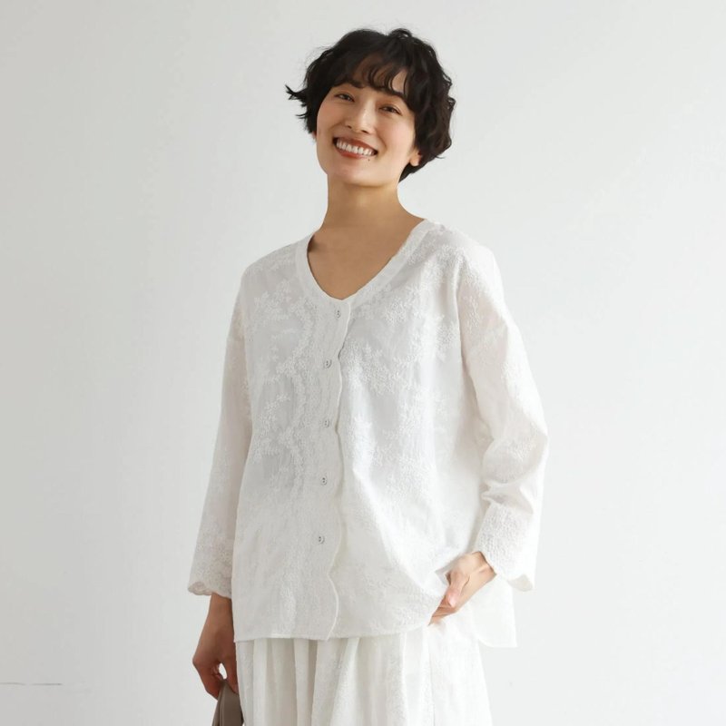 優雅で快適な七分袖レースカーディガン　刺繍コットン100%　ホワイト　250511-1 - 女襯衫 - 棉．麻 