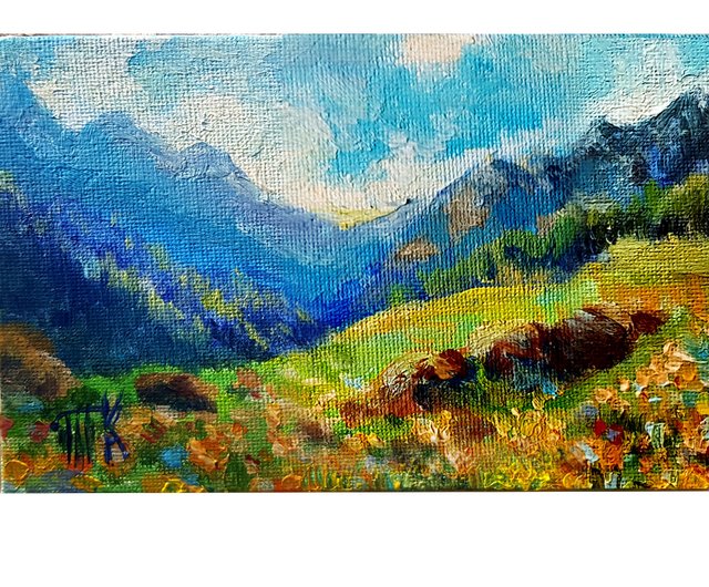 山の絵画 野の花 オリジナルアート 風景油絵 10 x 15 cm - ショップ