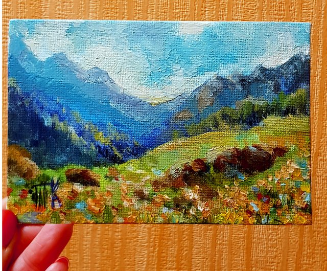 絵画 インテリア 絵 油絵 F4-081011 風景（山と高原の花）
