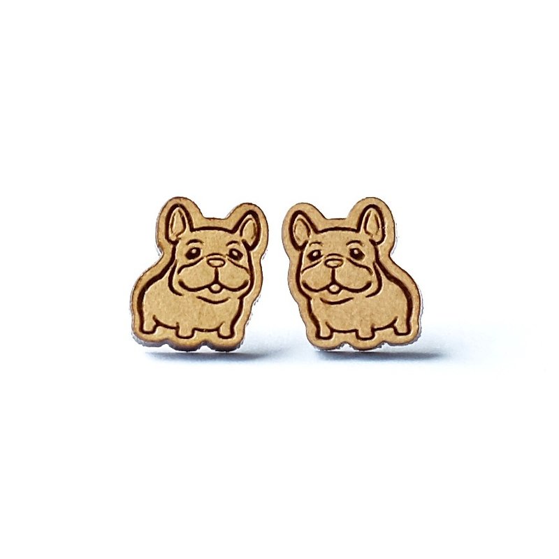 Plain wood earrings-Cute French Bulldog - ต่างหู - ไม้ สีนำ้ตาล