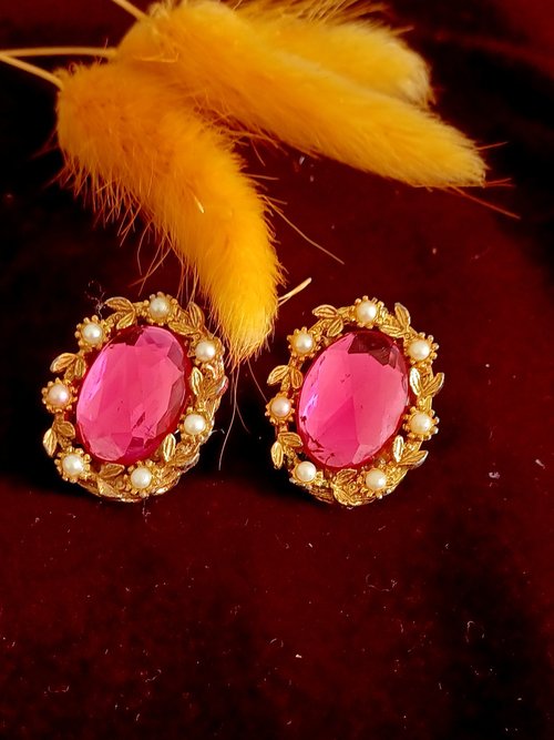 老時光製造所 vintage jewelry 華麗粉紅水鑽 夾式耳環