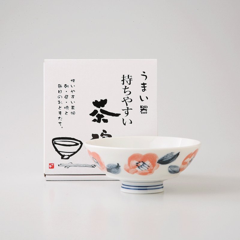 [Christmas gift] Mino-yaki-hand-painted Tsubaki flower tea bowl gift box - ถ้วยชาม - เครื่องลายคราม ขาว