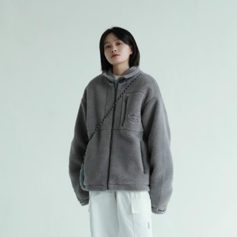 Gray 3-color lamb wool tooling zipper jacket, neutral loose casual fleece jacket M-2XL - เสื้อแจ็คเก็ต - ไฟเบอร์อื่นๆ สีเทา