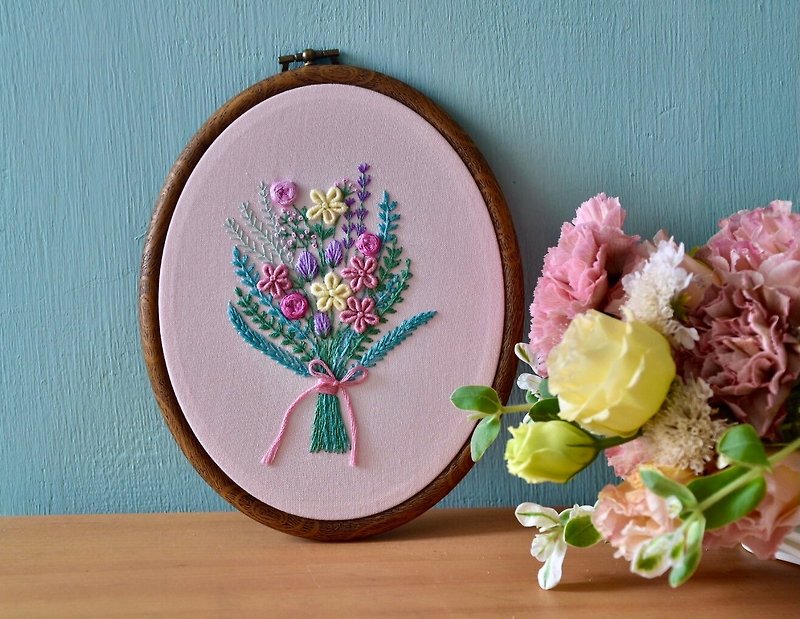 French embroidery colorful flowers blooming oval paintings - โปสเตอร์ - งานปัก 