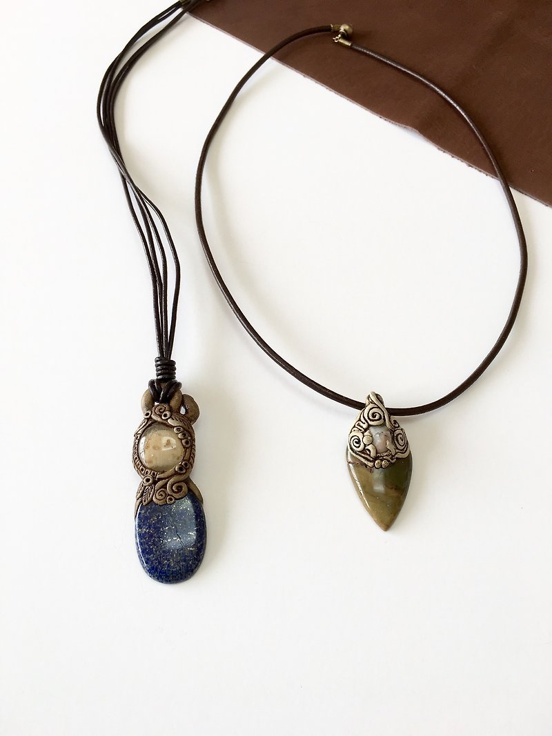 Gemstones and polymer clay leather necklace  - ネックレス - 石 多色