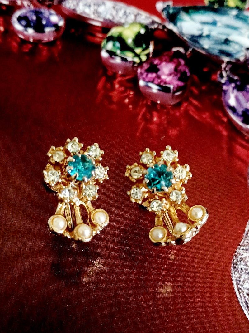 vintage jewelry 秀氣萊茵小花 夾式耳環 - 耳環/耳夾/耳骨夾 - 其他金屬 