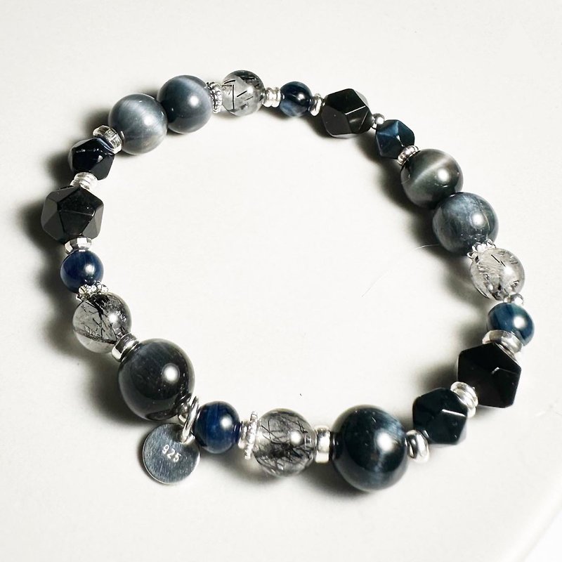 Poseidon - blue tiger eye. Stone. black hair crystal - sterling silver design - สร้อยข้อมือ - คริสตัล สีดำ