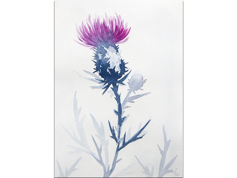 Thistle Painting Flower Original Art Indigo Floral Watercolor Hand-Painted - Posters - Paper Blue