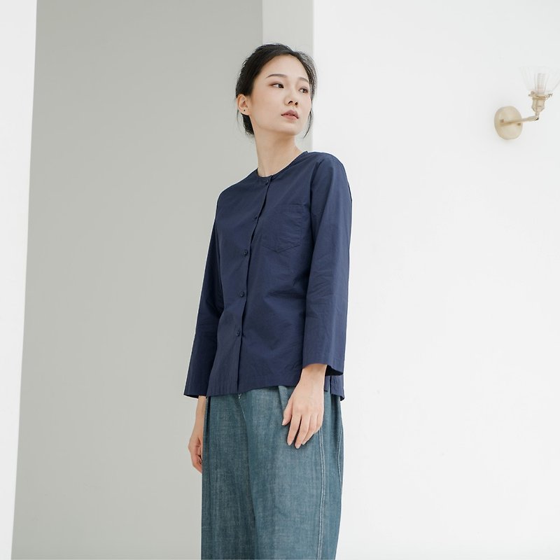 BUFU Chinese -style round crew neck shirt SH180407 - เสื้อเชิ้ตผู้หญิง - ผ้าฝ้าย/ผ้าลินิน สีน้ำเงิน