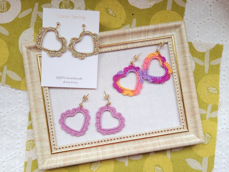 Heart Frame Earrings - ต่างหู - งานปัก หลากหลายสี