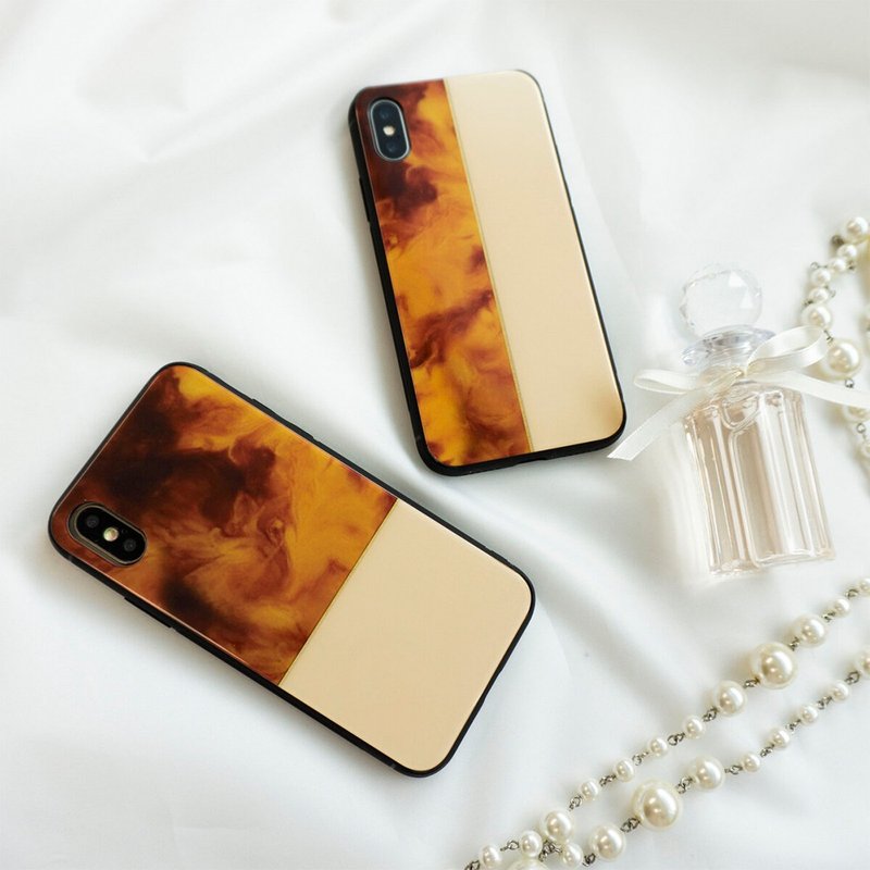 多機種対応 スマホケース ガラス【 べっ甲 × ベージュ 】 ネイル風 iPhone android JI18U - 手機殼/手機套 - 玻璃 咖啡色