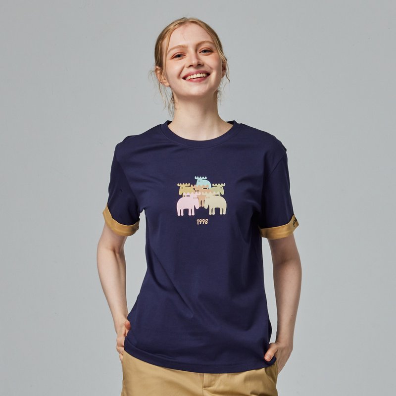 moz瑞典 駝鹿 駝鹿家族 舒適柔棉 100%純棉短T-袖口反摺刺繡-藏青 - 女 T 恤 - 棉．麻 藍色
