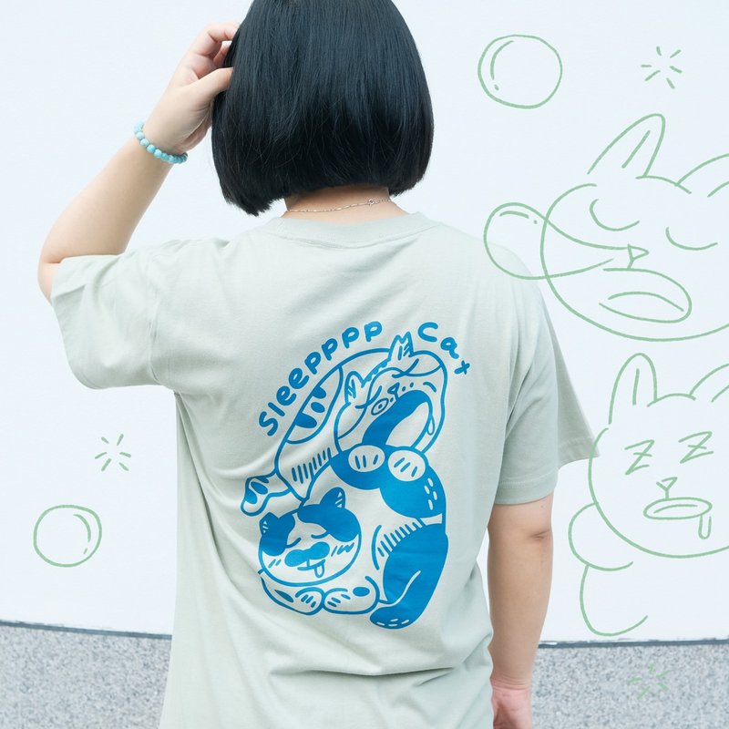 貓島 T-shirt / 淺綠睡覺貓 - 女 T 恤 - 棉．麻 綠色