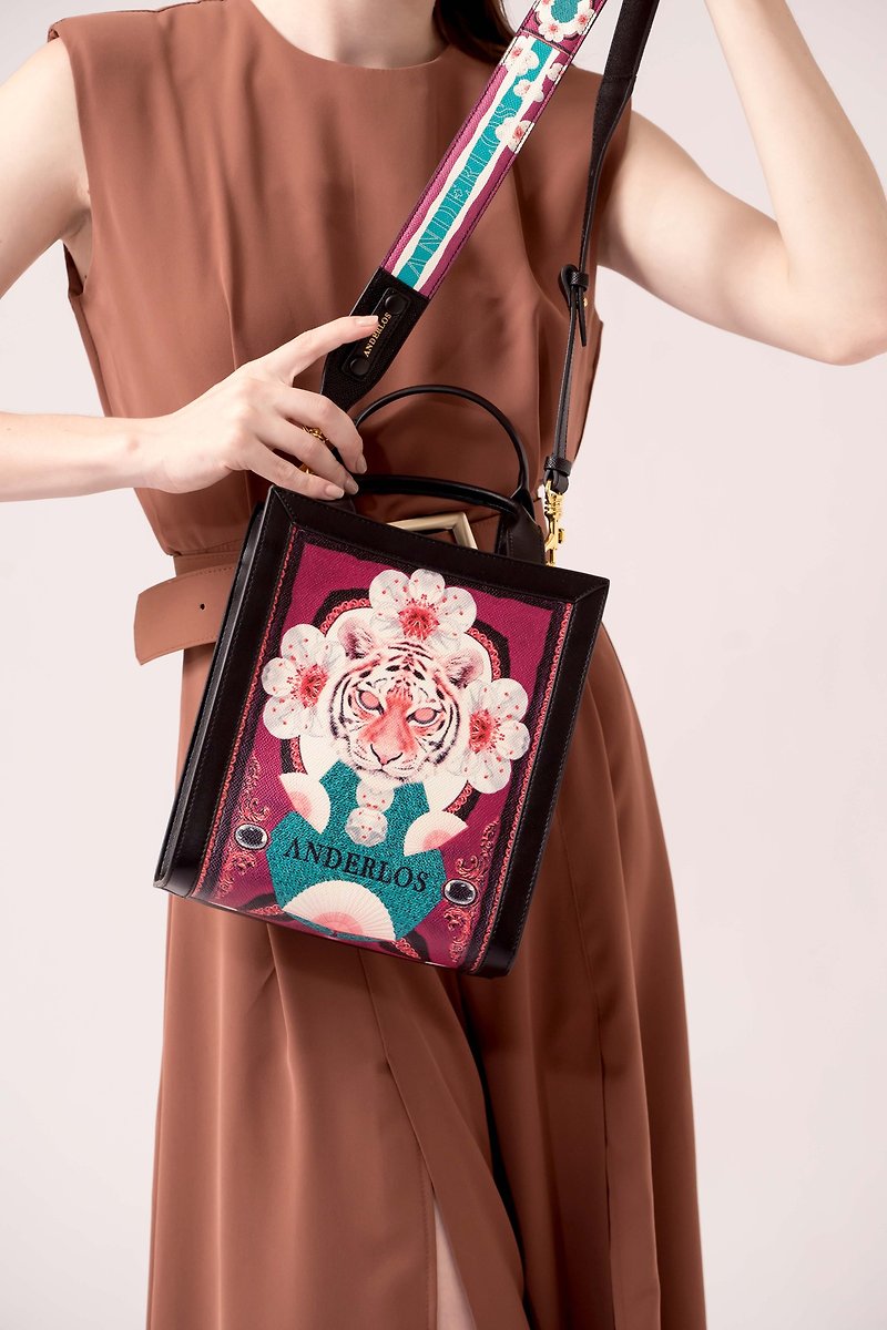 ANDERLOS 安德羅斯/老虎/設計師印花麗虎情卉手提包 - 手提包/手提袋 - 真皮 粉紅色