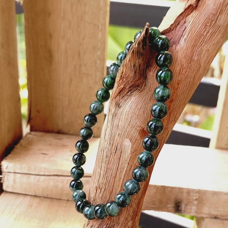 Burmese Jade Bracelet Dark Green Light Green with White Tints Round Beads 6.6 mm - 手鍊/手環 - 玉石 綠色
