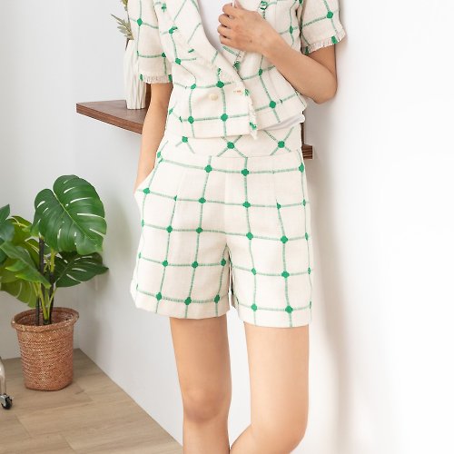 MEDUSA LADY 【MEDUSA】亞麻繡線裝飾格紋小短褲(M-XL) | 女褲子 涼感 亞麻