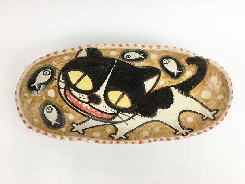 Nice Little Clay handmade six foot dish _ fish cute cat 0305-01 - Small Plates & Saucers - Pottery Brown