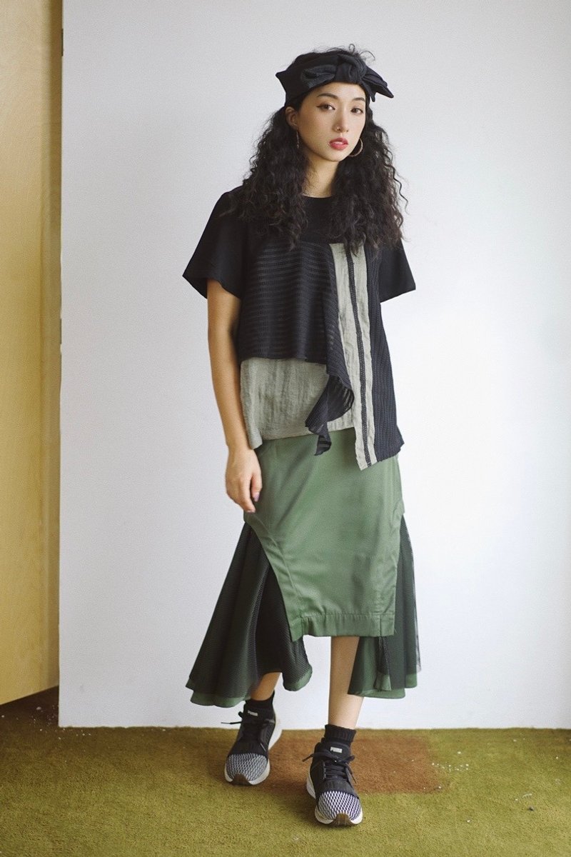 Coolstore | Light retro patchwork skirt_ Military Green - Skirts - Other Materials Green