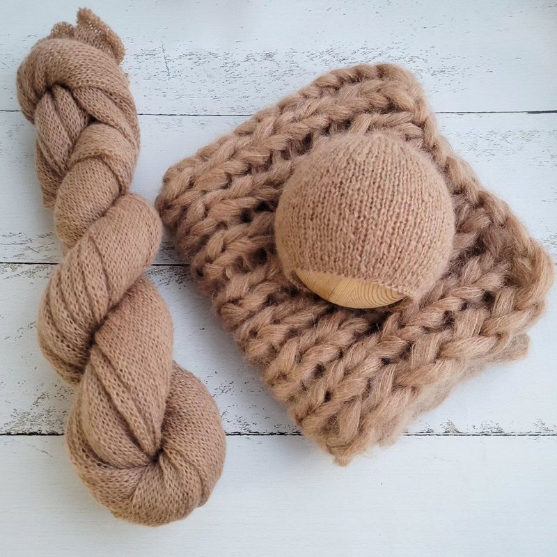 Beige soft newborn Bonnet, Wrap,Blanket. Newborn photo props - 嬰兒手鍊/飾品 - 羊毛 