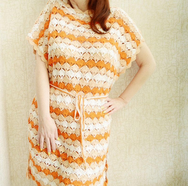 Knitted cotton dress, Striped beige crochet dress, Summer cotton tunic dress - ชุดเดรส - ผ้าฝ้าย/ผ้าลินิน สีส้ม