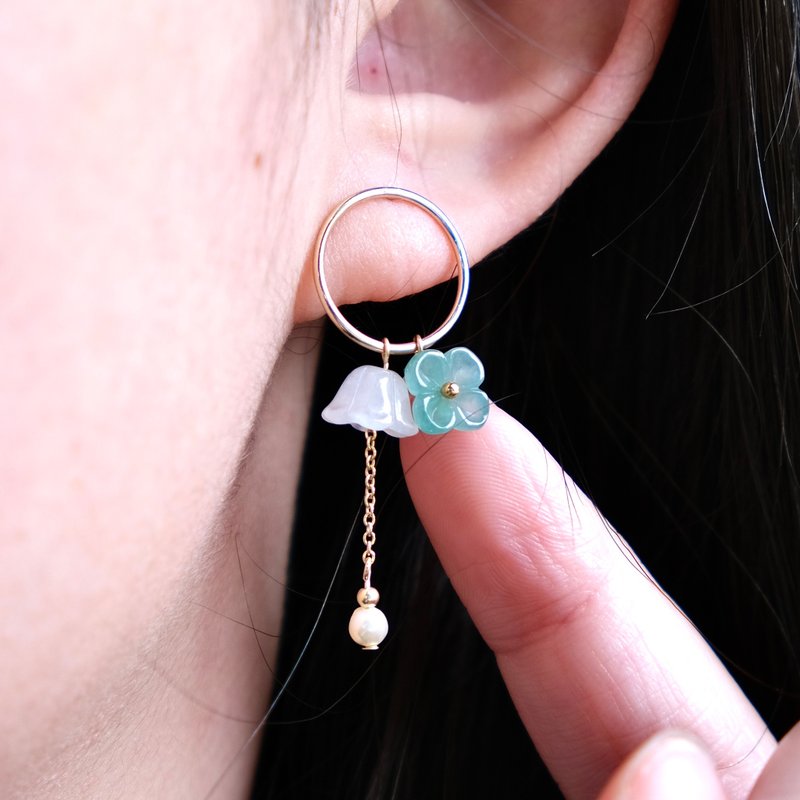 Ice jade flower earrings natural Burmese jade A-grade jade earrings 18K gold-filled gift giving and good luck - ต่างหู - หยก 