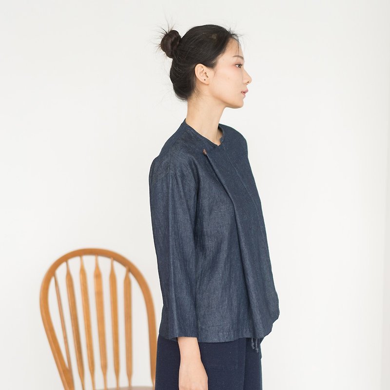 BUFU hemp-cotton demin shirt  SH190117 - เสื้อเชิ้ตผู้หญิง - ผ้าฝ้าย/ผ้าลินิน สีน้ำเงิน