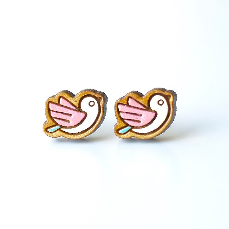 Painted wood earrings-Sunny Bird (pink) - Earrings & Clip-ons - Wood Pink