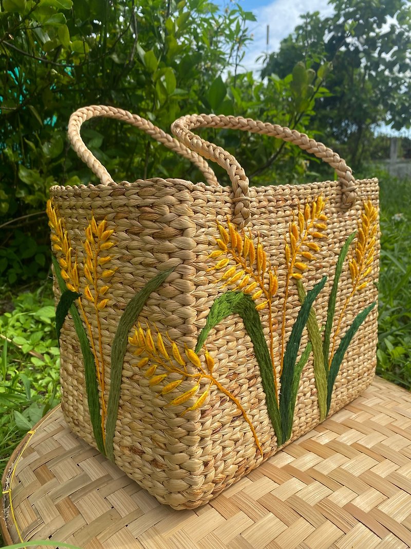 Hand-embroidered water hyacinth bag - Handbags & Totes - Other Materials Gold