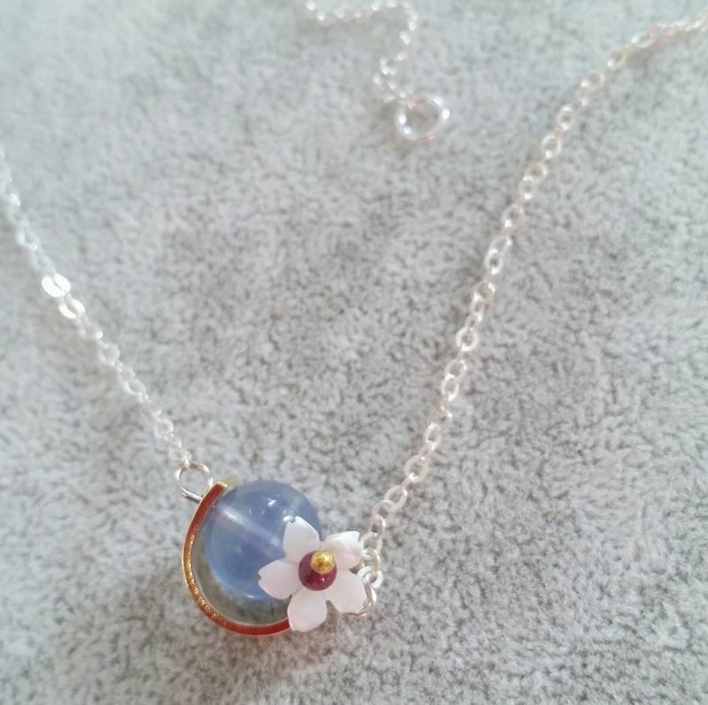 Blue Stone Stone necklace clavicle mother of pearl sterling silver cherry - สร้อยคอ - เครื่องเพชรพลอย สีน้ำเงิน