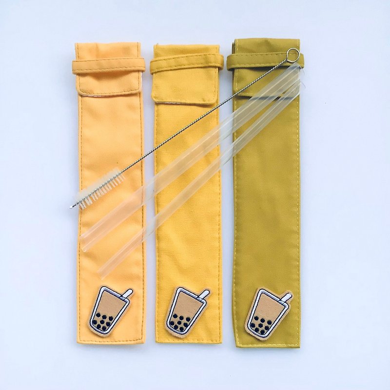 [Meggie Straw x 21.5cm] Orange Storage Bag + Double Size Three-piece Set - Reusable Straws - Other Materials Yellow