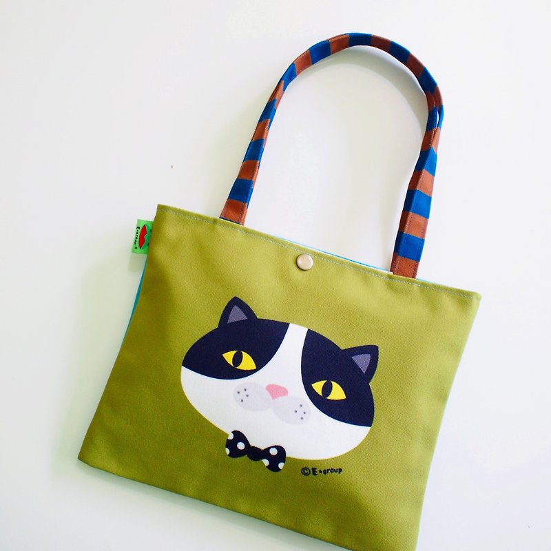 E * group shoulder bag double-sided design matcha coffee canvas bag canvas bag tote bag cat - กระเป๋าถือ - ผ้าฝ้าย/ผ้าลินิน สีเขียว