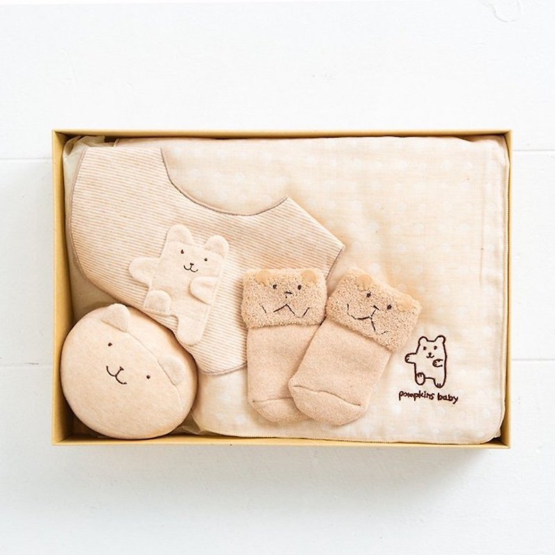 棉．麻 彌月禮盒 咖啡色 - Gift Set LA Bear Collection 100% Organic Cotton Bib Ball Socks Gauze Handkerchief 4-Piece Set Made in Japan for Baby Shower
