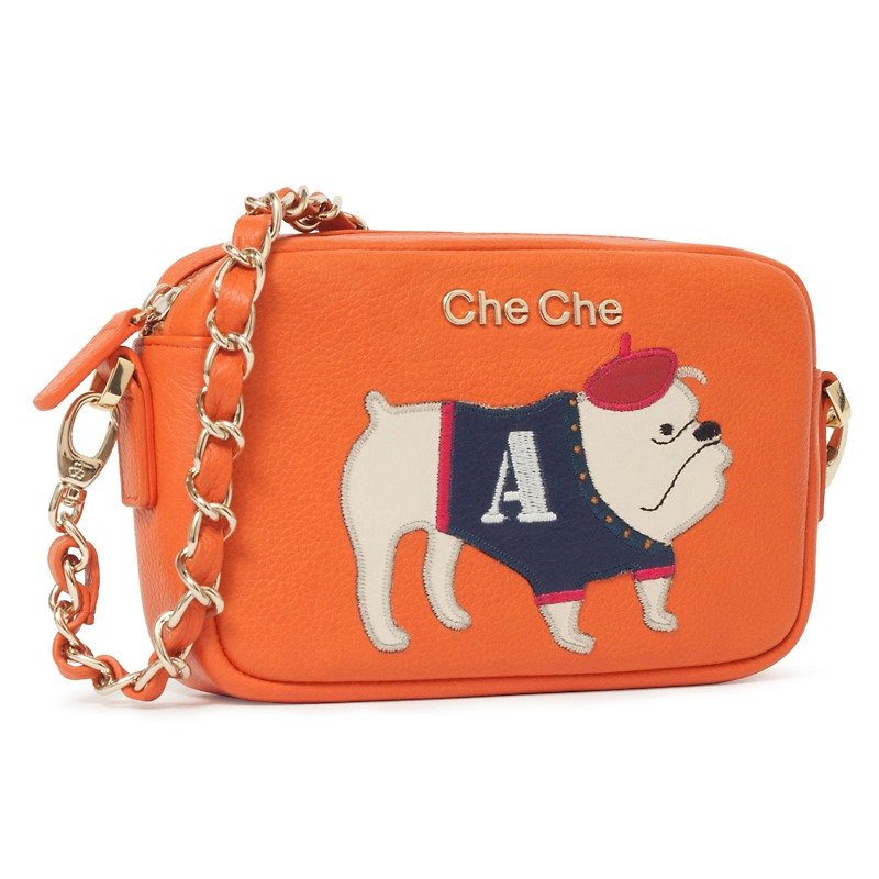 Cute Bulldog Leather Pouch - กระเป๋าแมสเซนเจอร์ - หนังแท้ สีส้ม