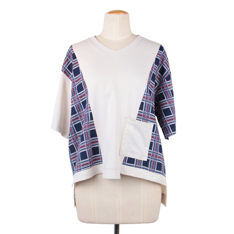 米杏/藍格 - V領側拼接前短不規則T #U1171 - 女上衣/長袖上衣 - 棉．麻 白色