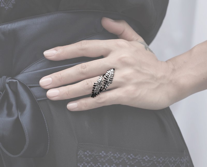 925 Silver Leaf Ring, Olive Diamond Engagement Ring, Black ring for her - General Rings - Diamond Black