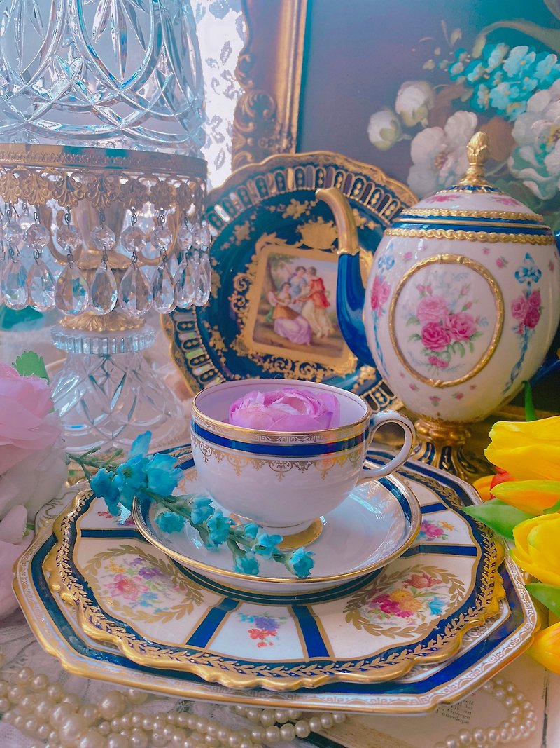 1919 British hand-painted 24K gold bone china antique cup flower tea cup coffee cup in stock - ถ้วย - เครื่องลายคราม สีน้ำเงิน