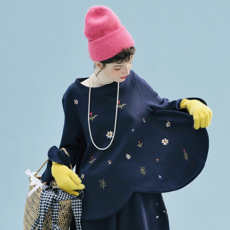 粉紅雙面拼接花領長袖上衣 / 空氣棉 - 女上衣/長袖上衣 - 棉．麻 藍色