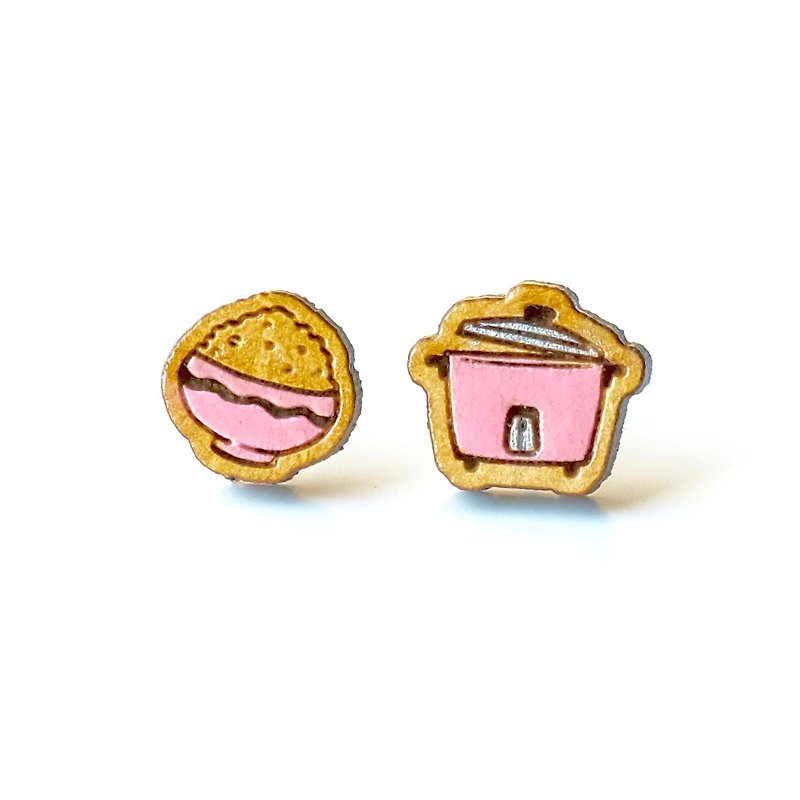 Painted wood earrings-Rice Cooker(pink) - Earrings & Clip-ons - Wood Pink