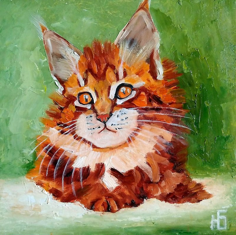 其他材質 海報/掛畫/掛布 橘色 - Red Cat Original Oil Painting, Funny Pet Portrait, Ginger Kitten Wall Art