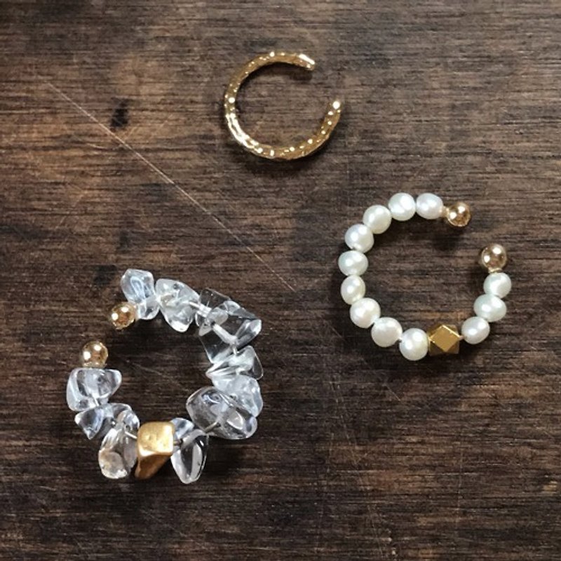 \ Bargain / 3-set ear cuffs | Sazare crystal, freshwater pearl, hammered gold set | April and June birthstones | EC-Set2 - Earrings & Clip-ons - Crystal Transparent