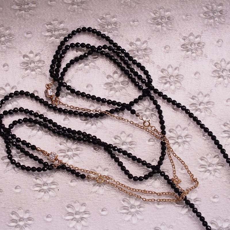 Natural black agate multilayer long necklace zircon Stone silver gold-plated necklace Onyx long necklace - Long Necklaces - Semi-Precious Stones Black