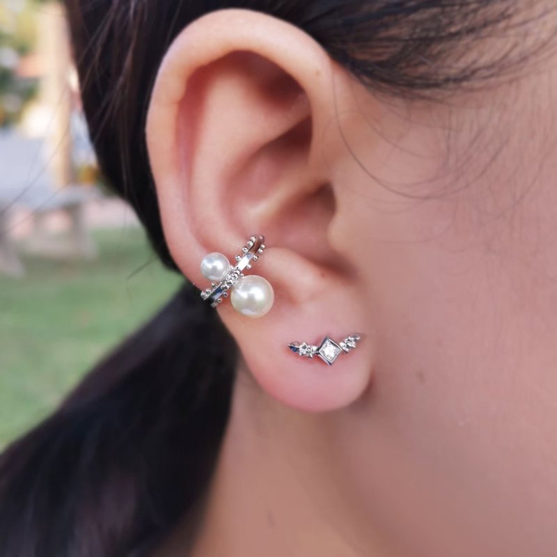 Pearl conch Ear cuff & stud ear 夾式耳環 耳骨夾 珍珠耳環 - 耳環/耳夾/耳骨夾 - 其他金屬 銀色