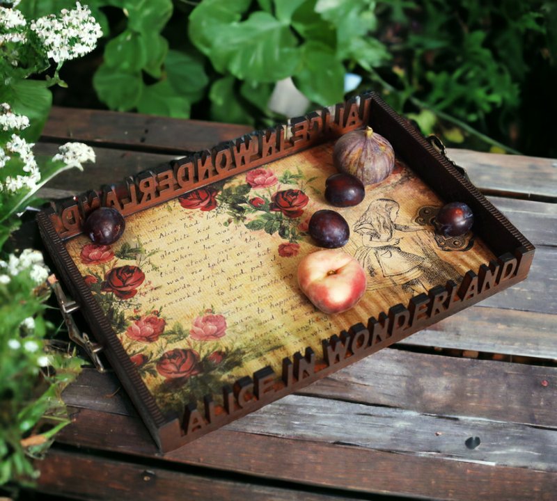 Wooden Serving Tray Alice in Wonderland Breakfast coffee table tea Tray - 托盤/砧板 - 木頭 多色