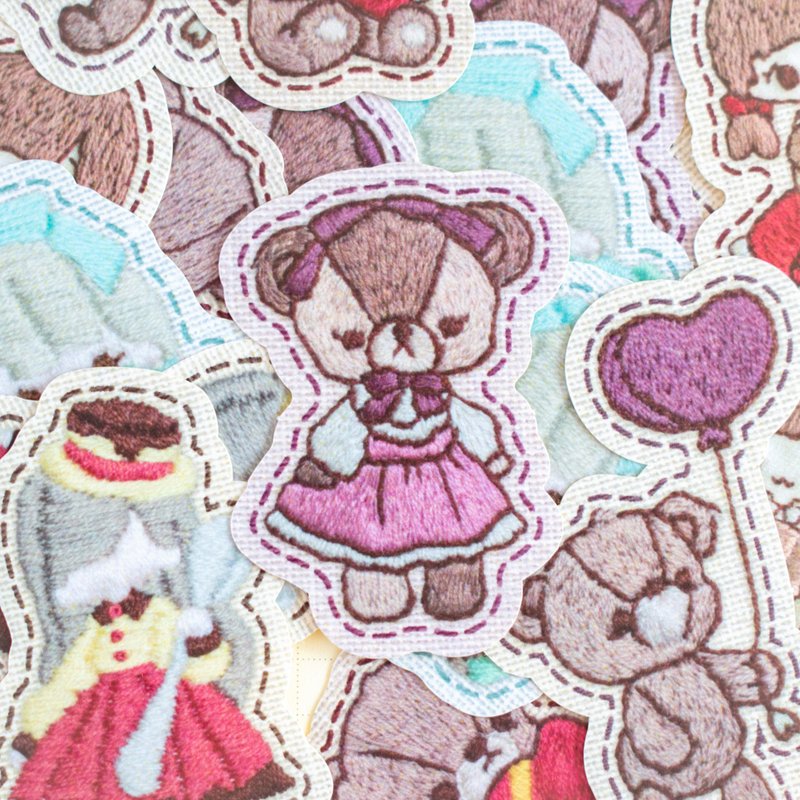 Sticker flakes - Bear and Girl Embroidery illustration No.1 - สติกเกอร์ - กระดาษ สึชมพู