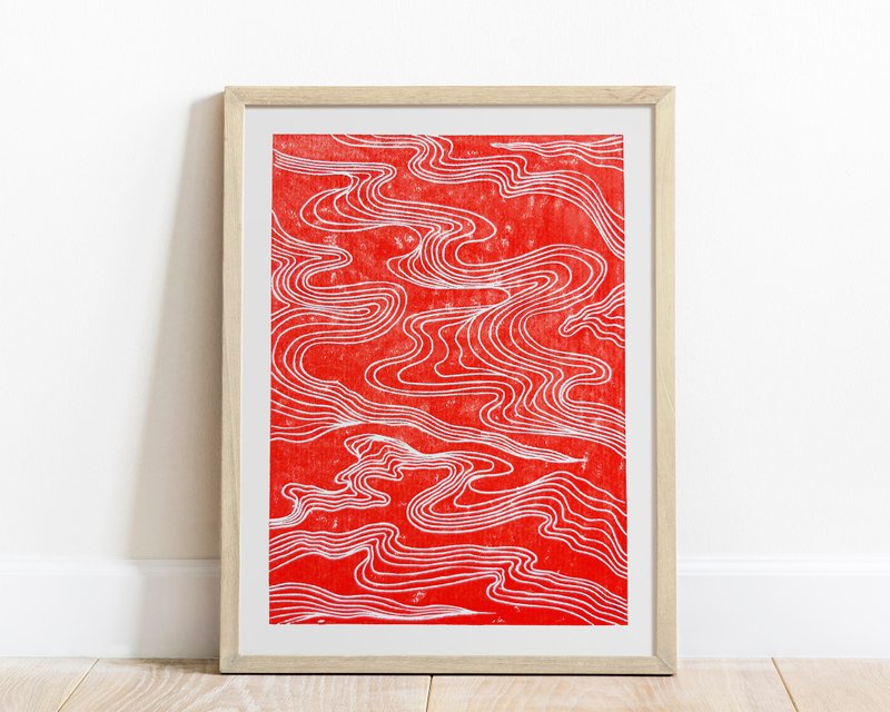 Red Abstract Japanese Clouds Linocut Print Original Artwork Bedroom Wall Art - ตกแต่งผนัง - กระดาษ สีแดง