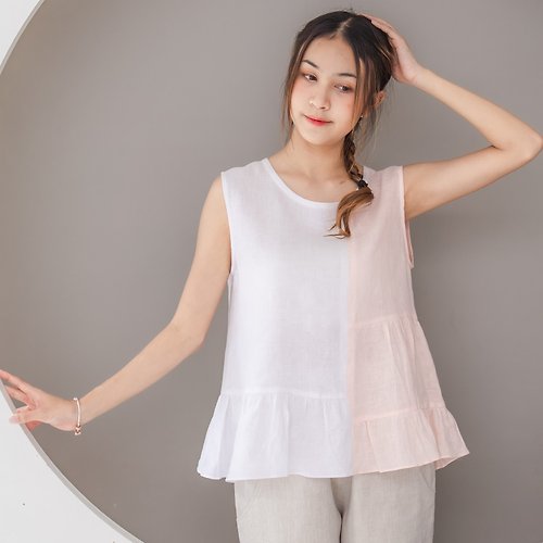 Candith Natural Linen Sleeveless Top Cute Top Multicolor - White and Soft Pink