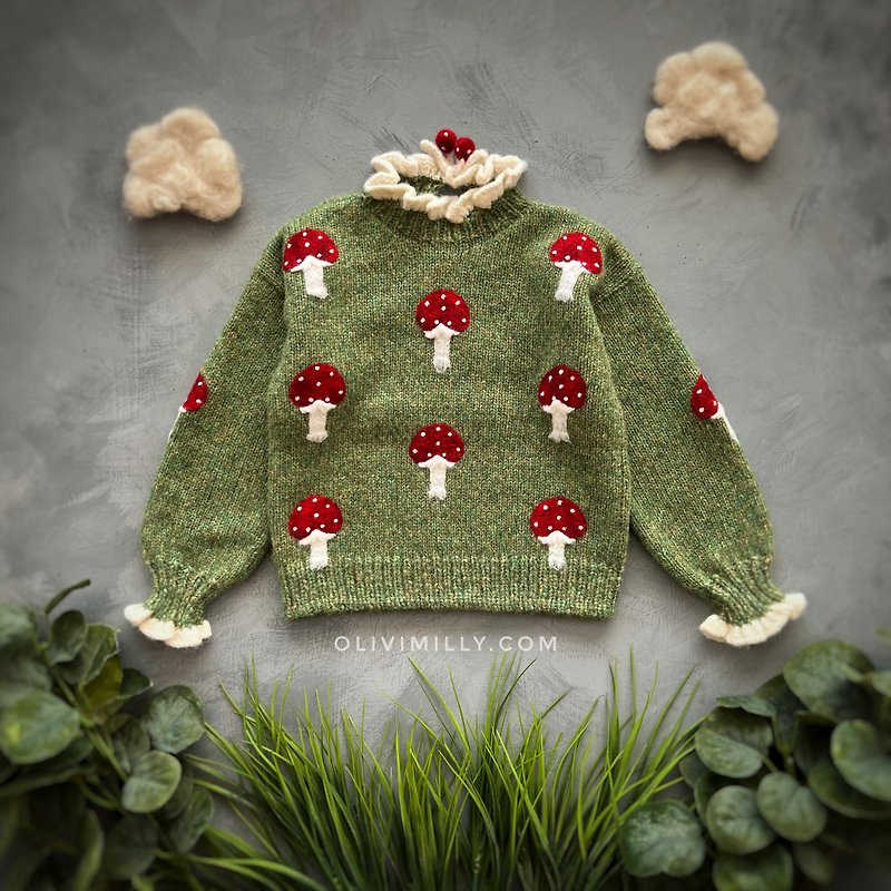 Mushrooms pullover, Knitting pullover, Kids pullover, baby clothes, mushrooms - Other - Wool Green