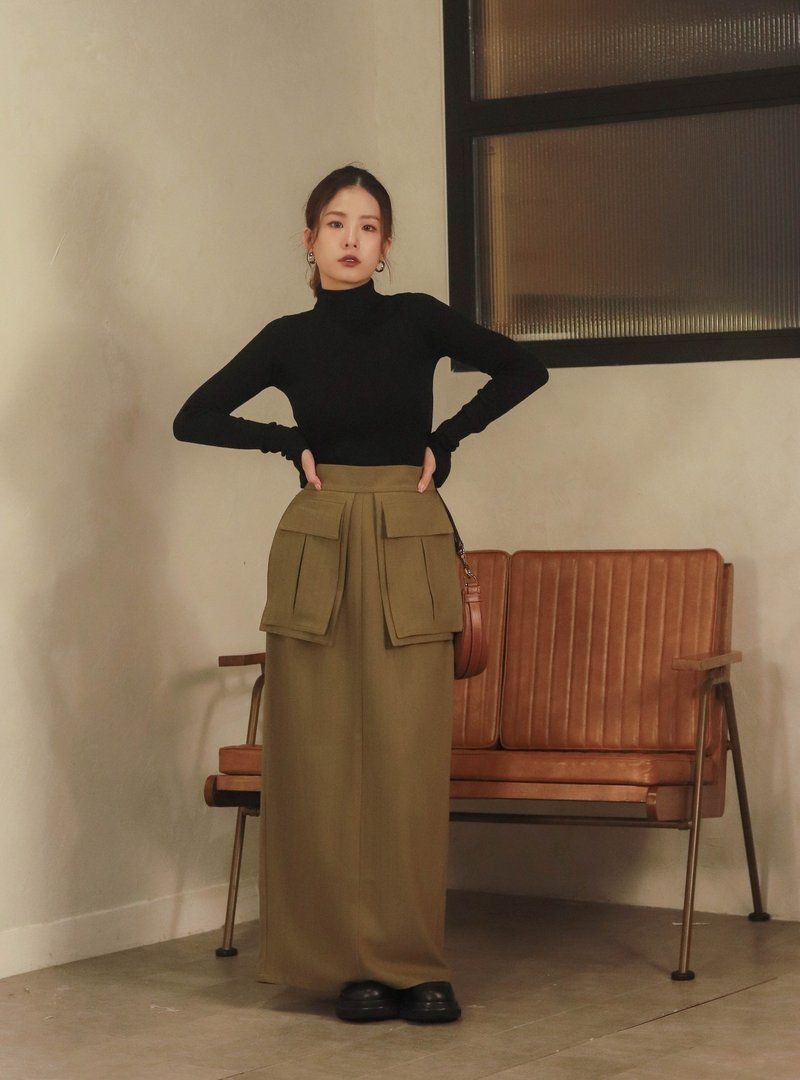 Fusheng series high waist straight skirt with large pockets on both sides - Skirts - Other Materials Green