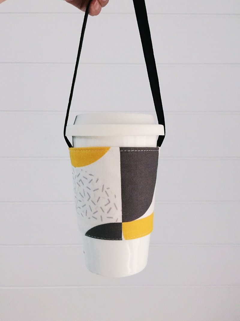 hairmo幾何圖形環保咖啡杯套/飲料杯提帶-黃 - 飲料提袋/杯袋/杯套 - 棉．麻 黃色