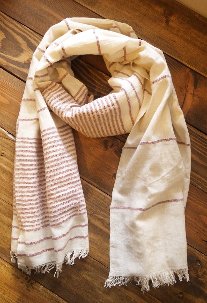 Fair Trade Organic Cotton, Hand woven, Natual Dye Shawl / Scarf Stripe_Red - ผ้าพันคอถัก - ผ้าฝ้าย/ผ้าลินิน ขาว